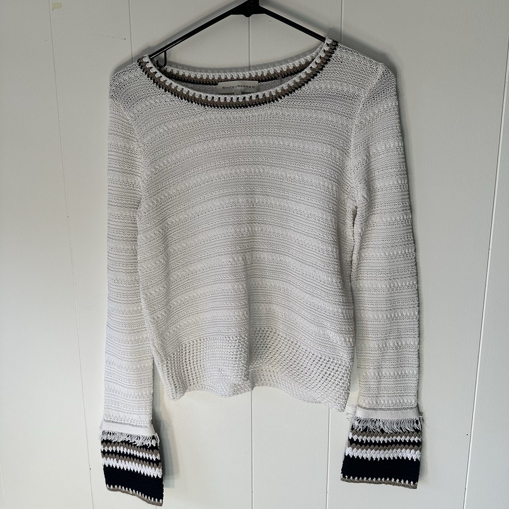 White + Warren Sweater XS Ivory Cream Trim Knit Boho Coastal Fringe Sleeve Women